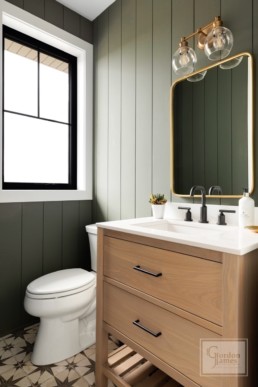 A modern farmhouse inspired bathroom at a custom-built Gordon James residence in Minnetrista, Minnesota.