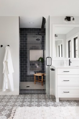 This Haus of Rowe interior designed bathroom in a Gordon James custom-built home in Minnetrista, Minnesota blends sophistication and functionality.
